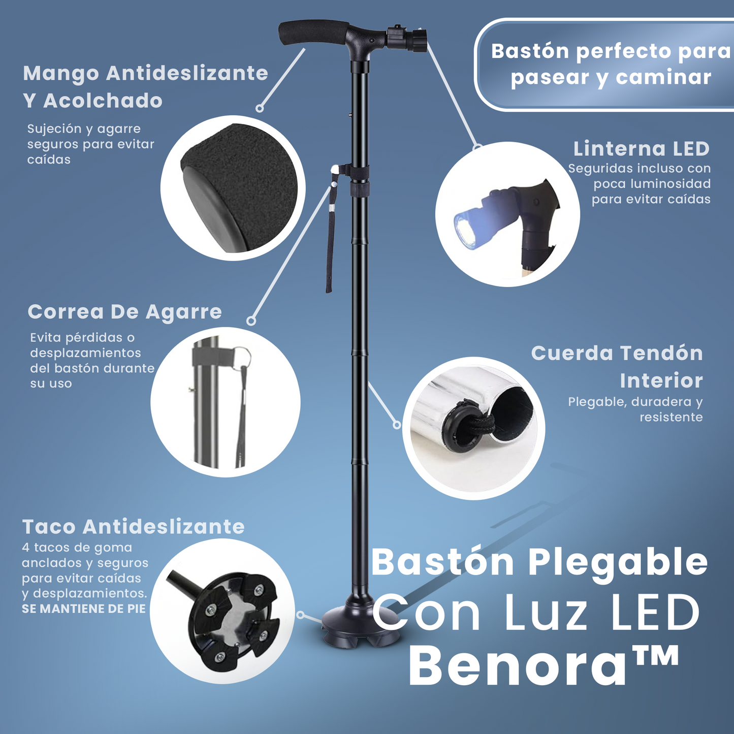 Bastón Plegable Con Luz LED Benora™ + Plantillas Gel Activ (GRATIS) - Edición Limitada